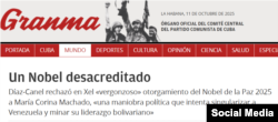 El Granma sobre el Nobel a Maria Corina